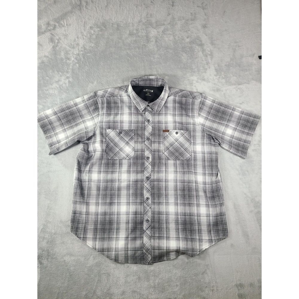Orvis Shirt Mens 2XL Grey Black Plaid Classic Collection Button Up Short Sleeve